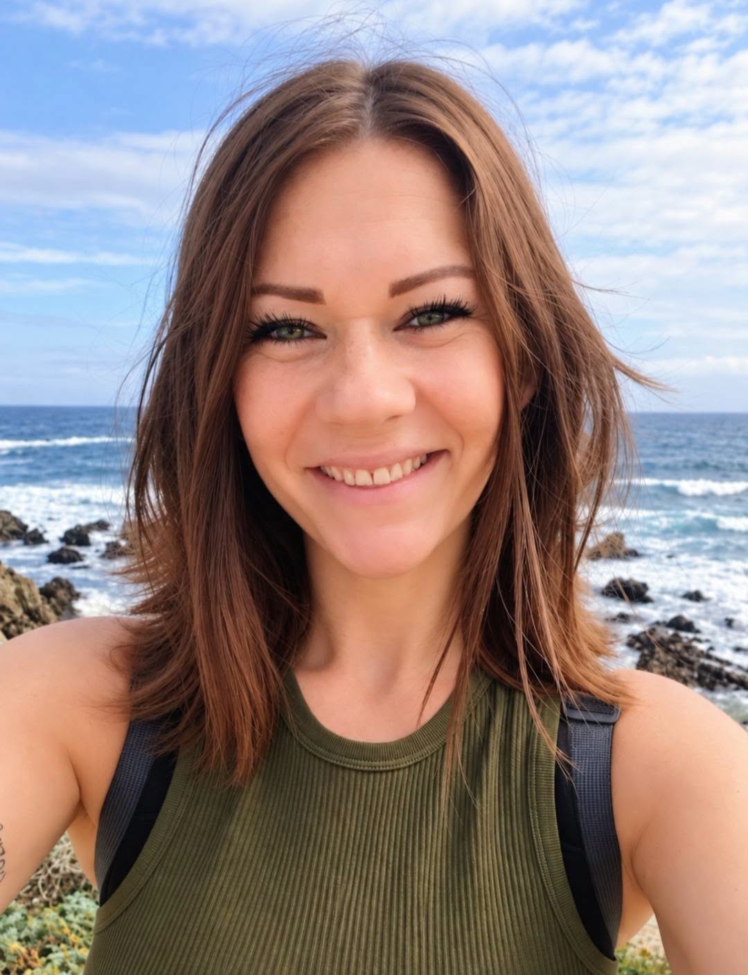 Lisa Everhart smiling beside the ocean